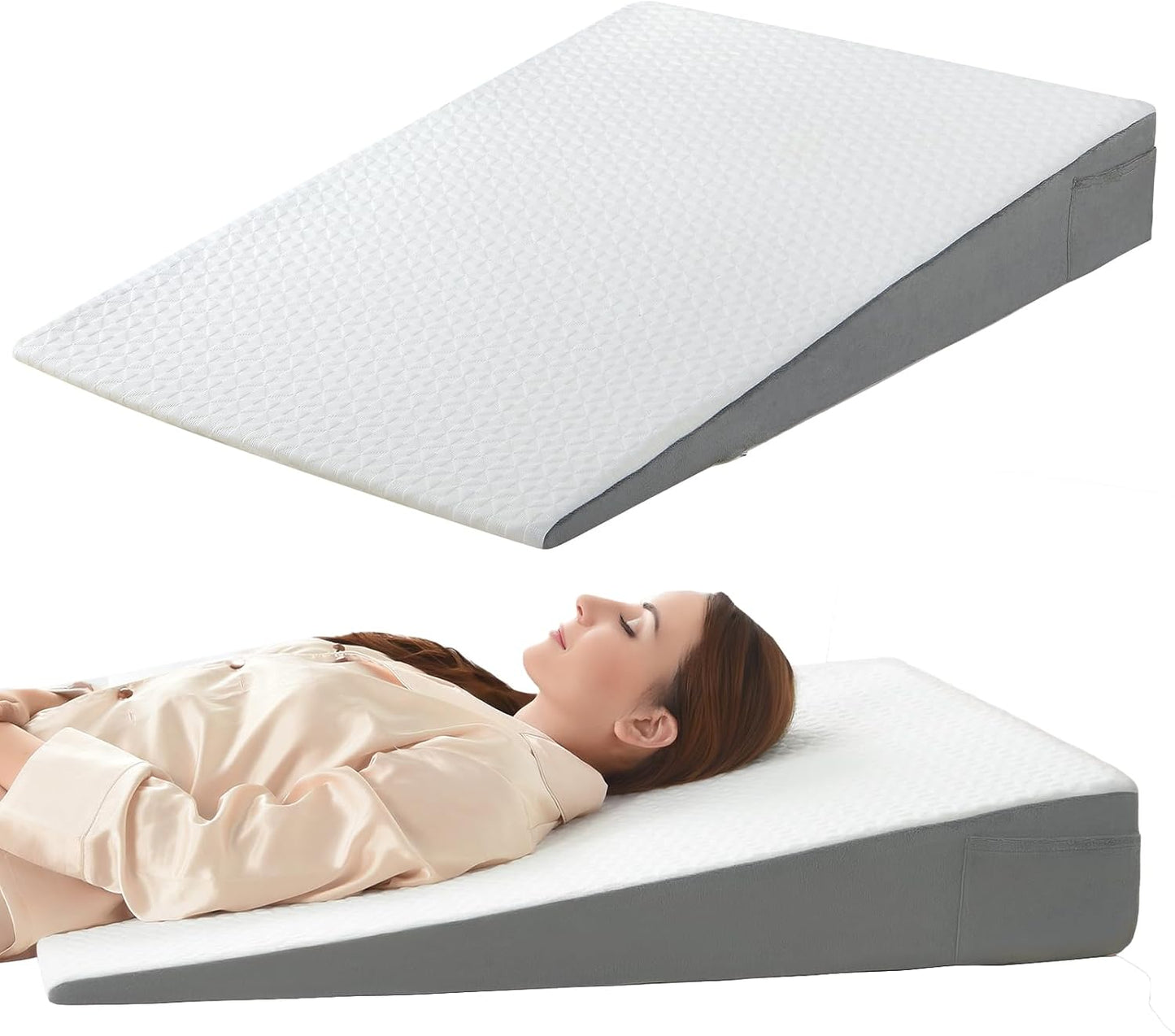 Vekkia 34" Extra-Long Wedge Pillow,7.5" Bed Wedge Pillow for Sleeping,White | Pillow Wedge Back Support for After Surgery, Idea for Acid Reflux,Snoring Relief,Removable Washable Cover&Double Side Pockets