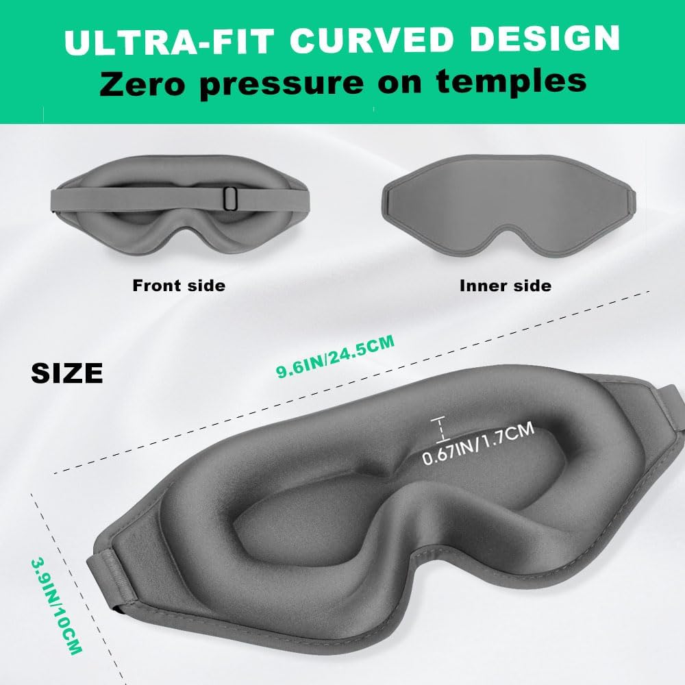 3D Sleep Mask for Side Sleepers, Blackout & Zero Pressure - Breathable Memory Foam, Adjustable Strap - for Travel, Yoga & Meditation Black