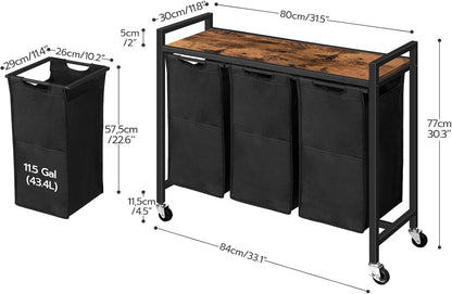 HOOBRO Laundry Sorter 3 Section, Laundry Hamper with Wheels, 3 × 11.5 Gal (43.4L), Rolling Laundry Basket, Pull-Out and Removable Oxford Fabric Laundry Bags, Rustic Brown and Grey BFG76XY01