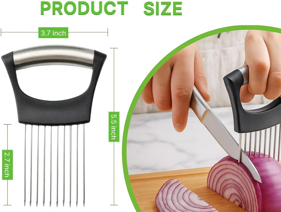 Stainless Steel Onion Holder for Slicing – Vegetable Slicer Guide with Anti-Slip Handle | Tomato, Cucumber & Meat Cutting Tool | Durable Kitchen Gadget for Precise Slicing
