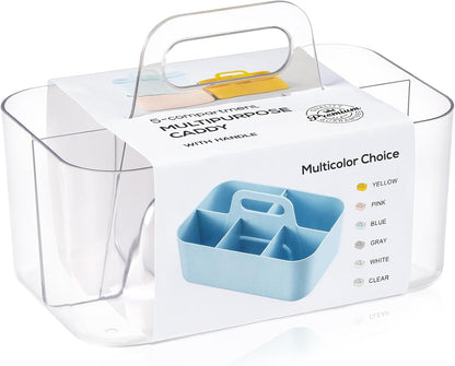 Multiuse Caddy Organizer with Handle, Portable Divided Plastic Tote Bin - Art Craft, Stationary Pen Marker Crayons, Makeup Hair Supplies Storage - Bathroom, Classroom, Dorm, Office, Desk Holder - Grey