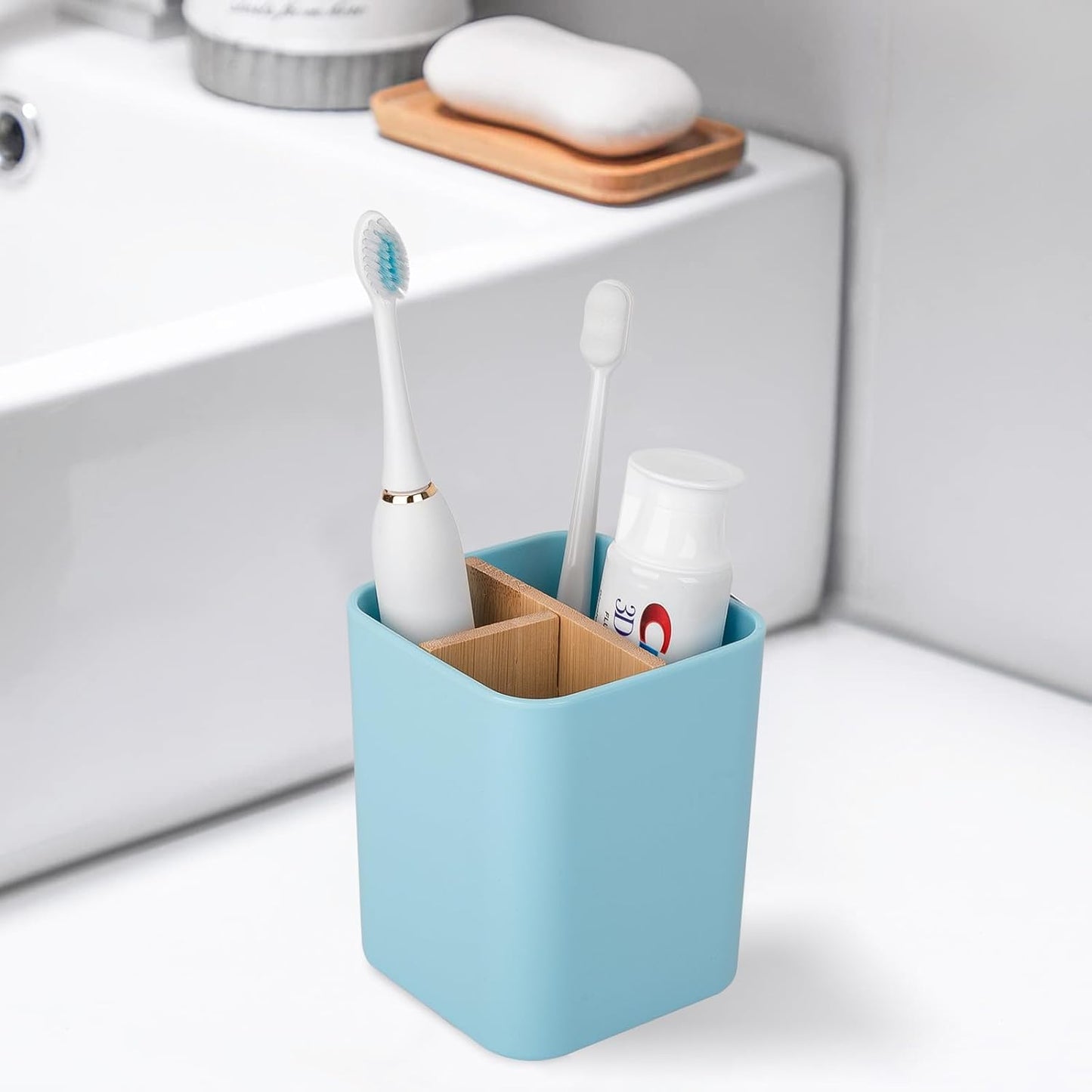 Bamboo Toothbrush Holder for Bathrooms Toothpaste Organizer - Black | Detachable Inserts, 3 Slots, Bathroom Counter Organizer, for Kids Electric Toothbrushes, Floss, Razors