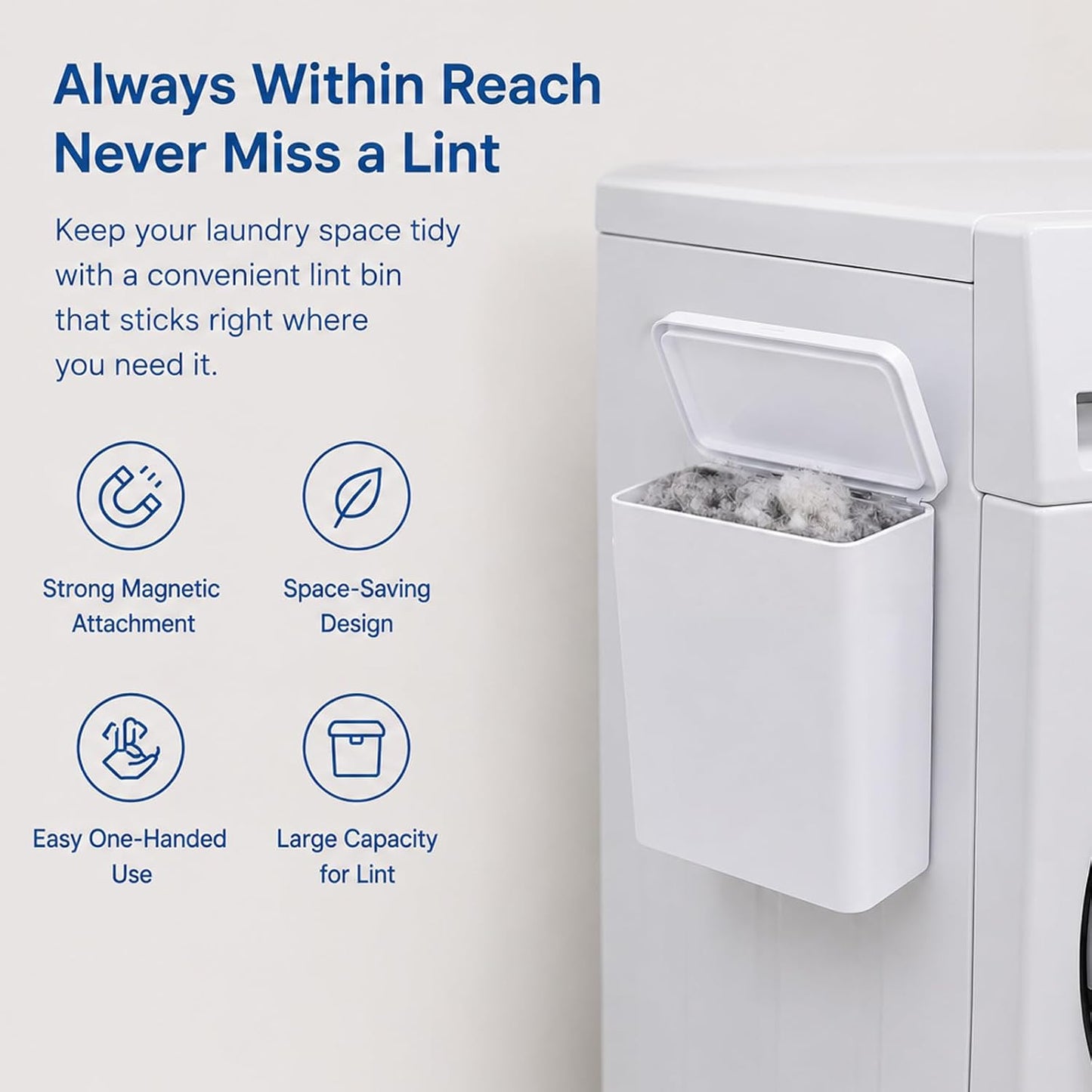 Magnetic Lint Bin with Lid for Laundry Room | Space Saving, Compact Plastic Dryer Lint Trash Can