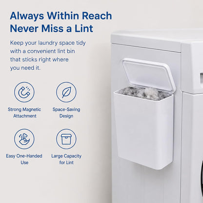 Magnetic Lint Bin with Lid for Laundry Room | Space Saving, Compact Plastic Dryer Lint Trash Can
