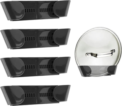 Adjustable Universal Pot Lid Holder Organizer for Cabinet, 4 Pcs Self Adhesive Wall Mount Pots Top Rack for Kitchen Cupboard Fit 7.87" to 10.63", Gray