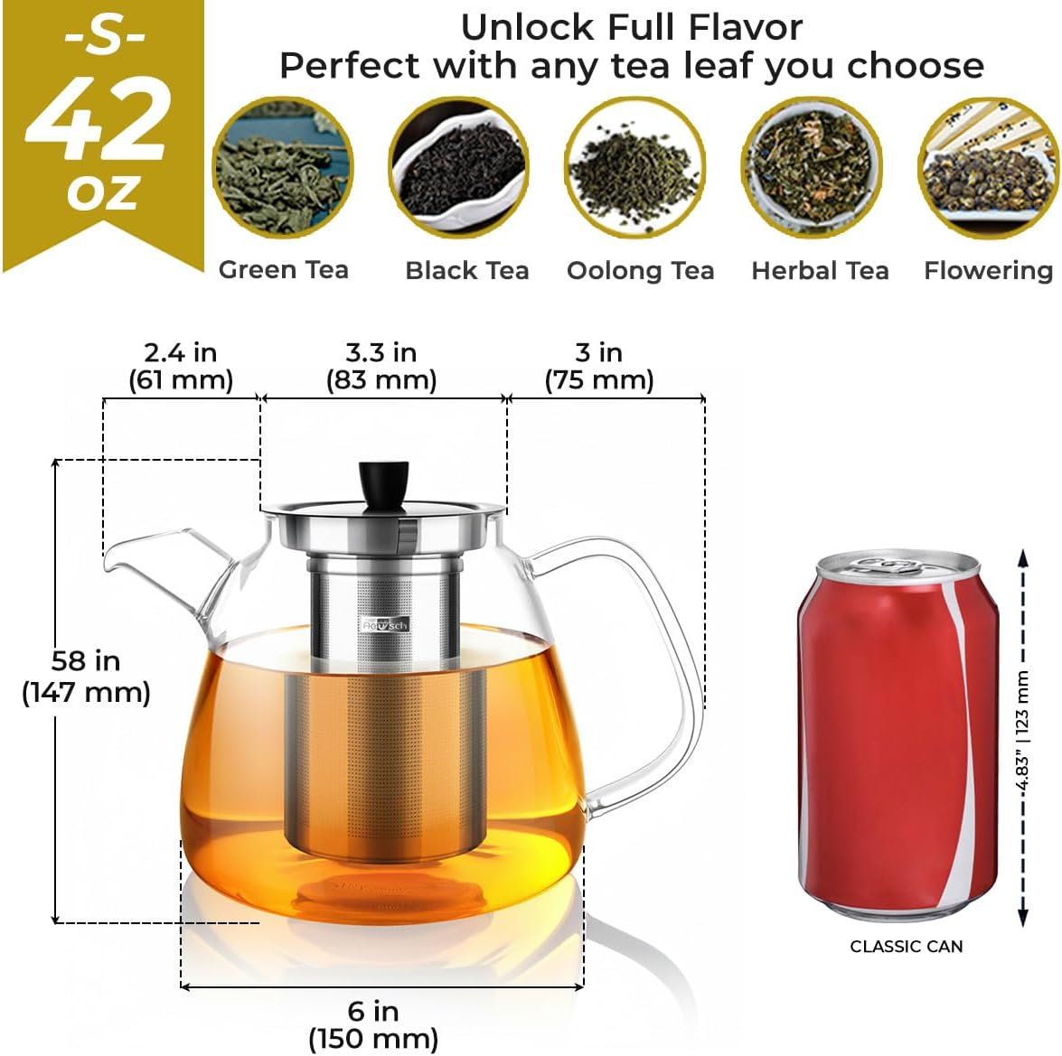 Aquach 42oz Glass Teapot with Infuser, Stovetop Safe Tea Kettle | Dishwasher Safe, Borosilicate Glass, Daily Sharing Capacity, Precise Loose Leaf Filter