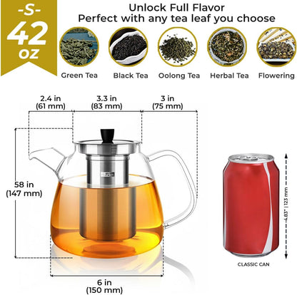 Aquach 42oz Glass Teapot with Infuser, Stovetop Safe Tea Kettle | Dishwasher Safe, Borosilicate Glass, Daily Sharing Capacity, Precise Loose Leaf Filter