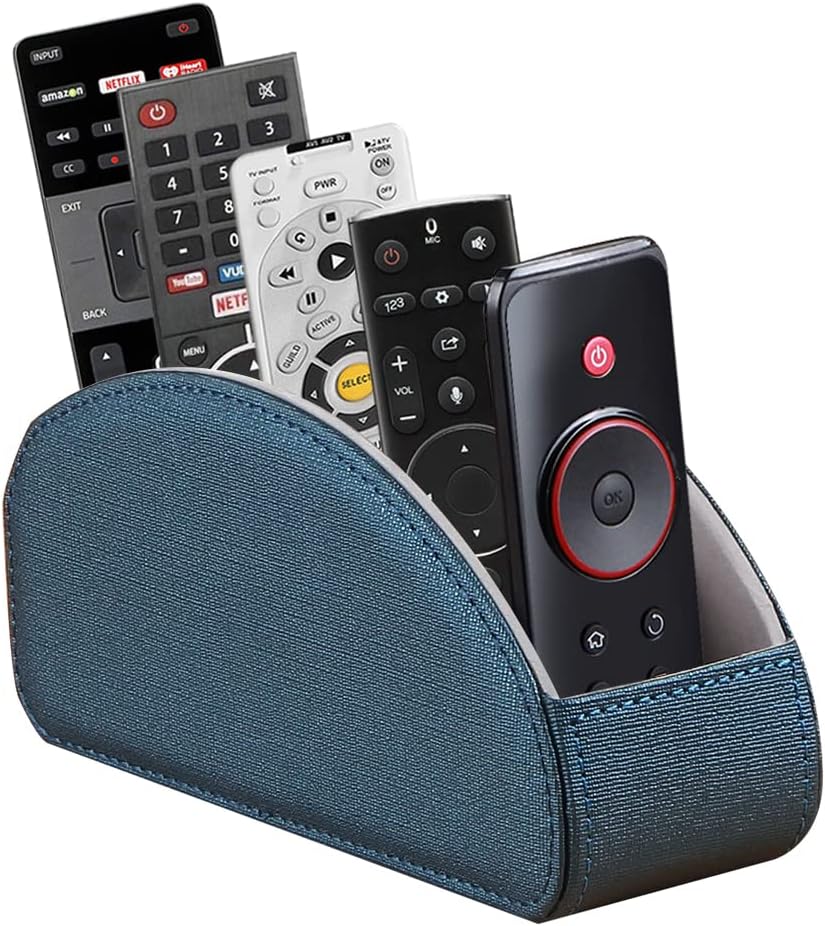 PU Leather Remote Control Holder with 5 Compartments - Storage Tray & Desktop Organizer for TV Remotes,Glasses,Pens,Accessories - Space-Saving Design for Bedside Table & Office Desk (Black)