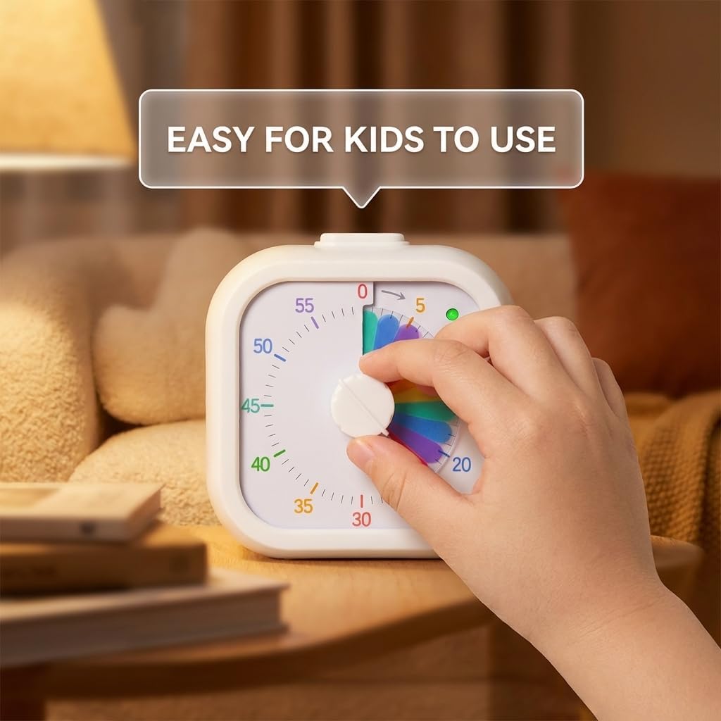Visual Timer with Rainbow Pattern, 60-Minute Countdown Timer for Kids and Adults, Silent Pomodoro Timer for Classroom, Kitchen, Office & Teaching, Time Management Tool (White)