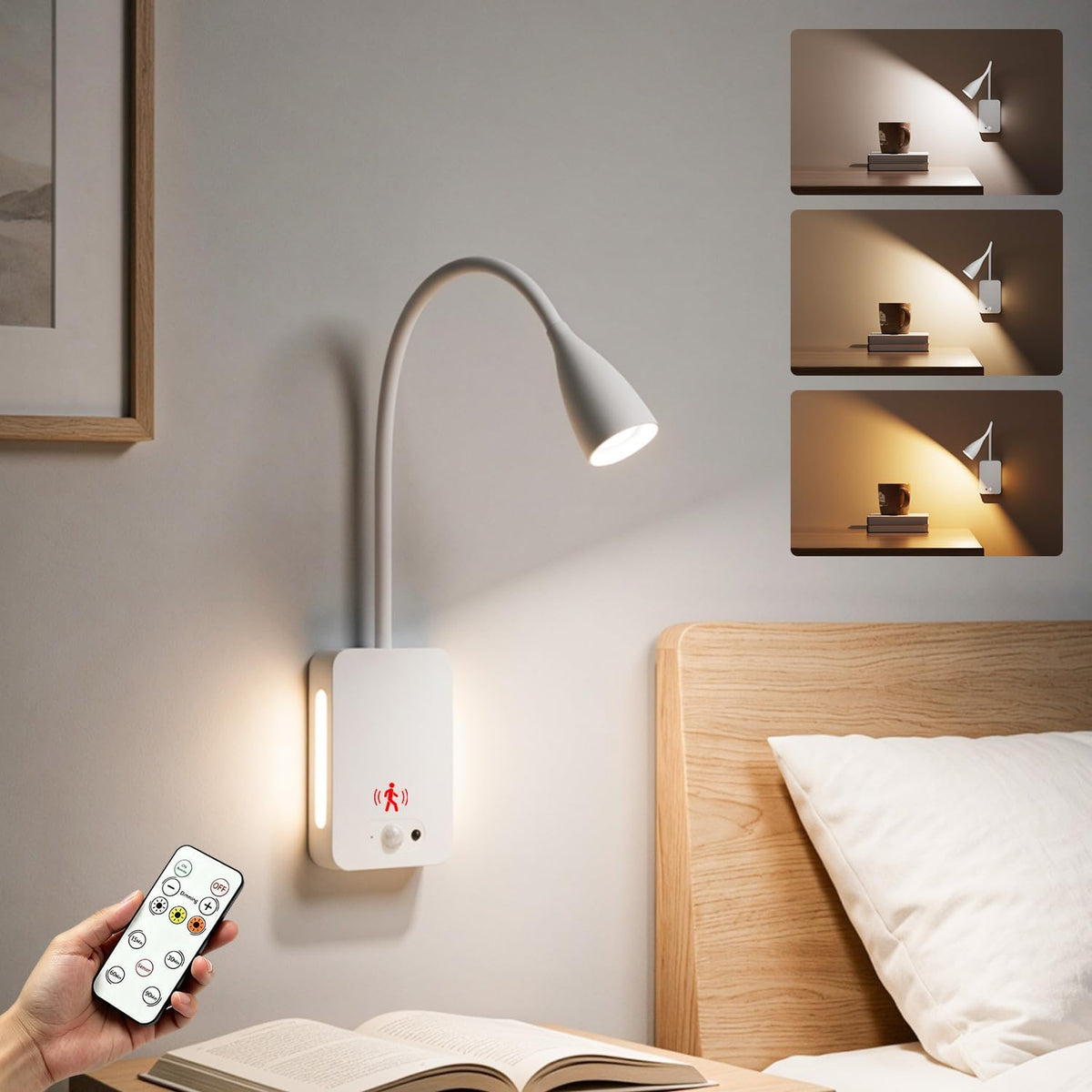 LED Wall Mounted Reading Light,4000mAh Bedside Wall Lamp with Remote Control & Motion Sensor,Book Light for Reading in Bed,3 Color Temps,Dimmable & Timers,360° Flexible Gooseneck Night Light,Black