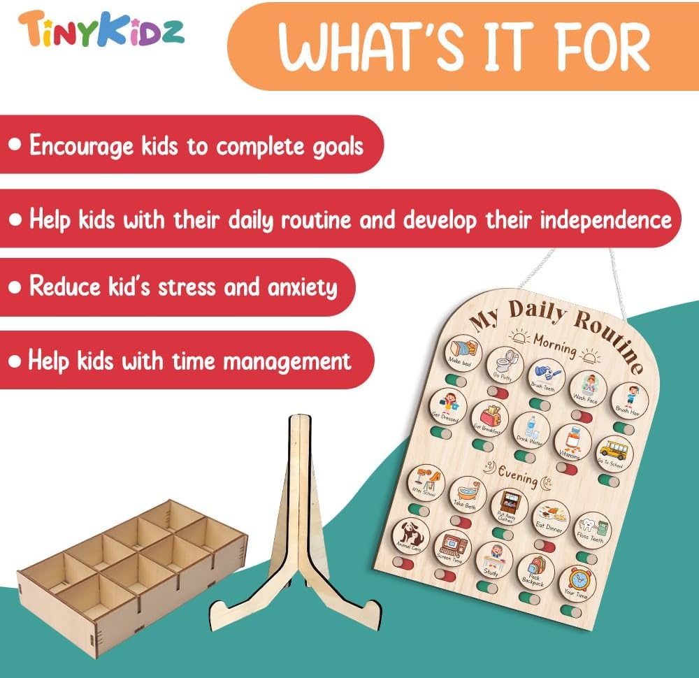 TinyKidz Wooden Daily Routine Chart 11x15, Schedule Board for Kids, Wooden Chore Chart for Kids, Responsibilities Chart for Toddlers, Morning Bedtime Routine for Toddlers