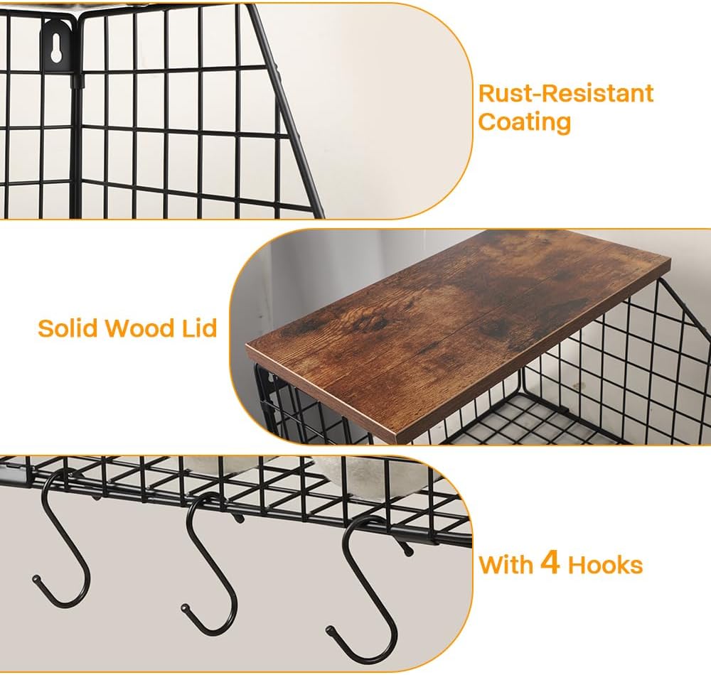 Picowe Laundry Room Shelves Wall Mounted, Metal Basket with Wood Lid (S) | Stackable & wall-mountable. Rust-resistant steel. Wooden top stores dryer sheets & lint rollers. Fits over washer/dryer.