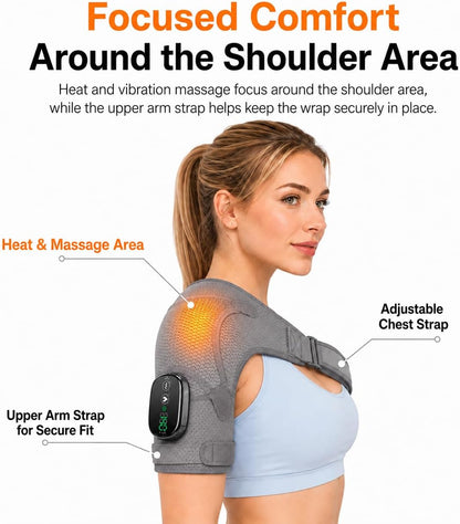 Cordless Shoulder Heating Pad with Massage, Rechargeable Shoulder Massager with Heat, Heated Shoulder Wrap, 3 Heat Levels & 3 Vibration Modes, 5000mAh Battery, Left or Right Shoulder, Black