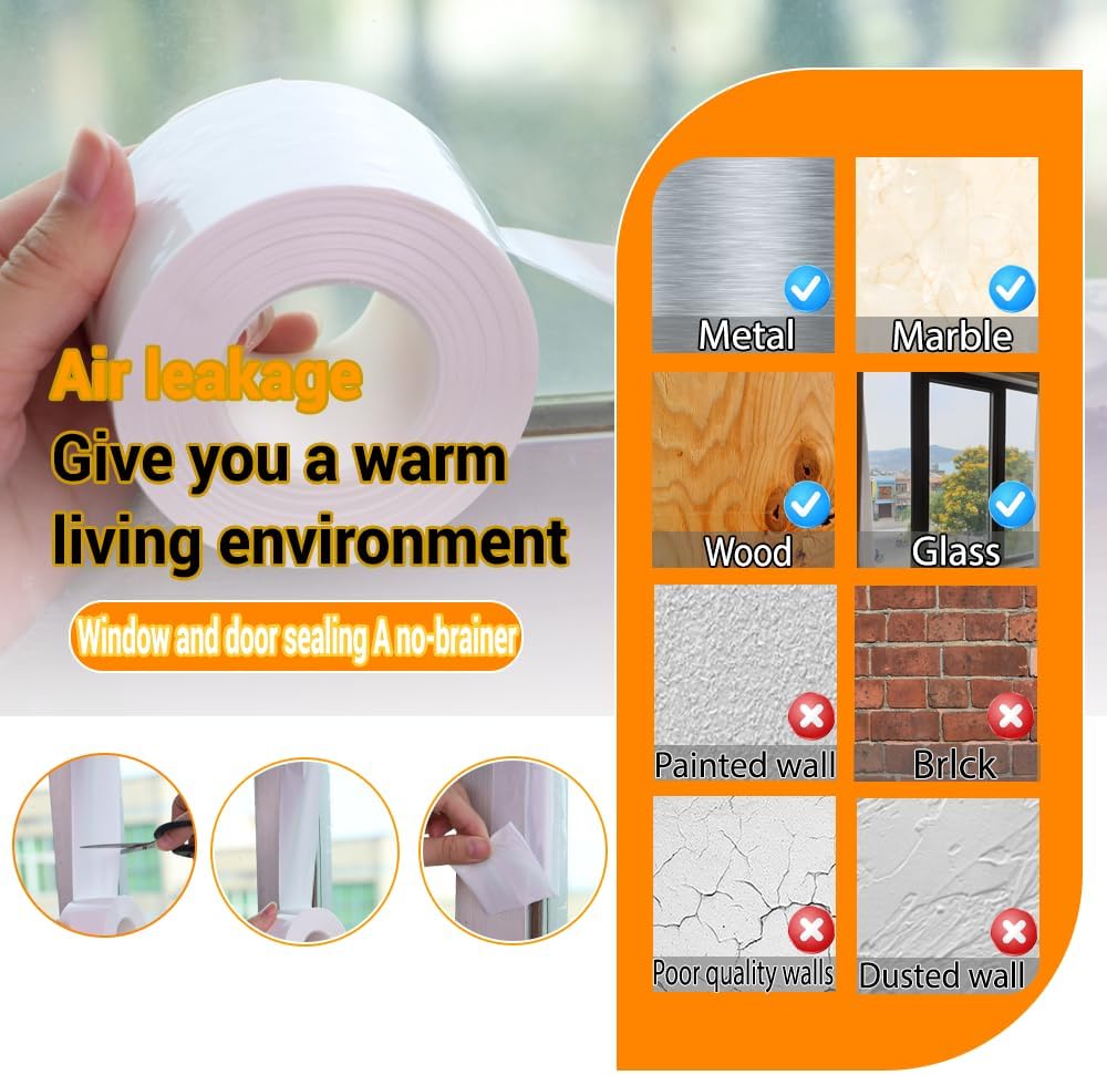 Qoqooice Transparent Window Weather Sealing Tape 2 Inch x 33 FT Weather Stripping Residue-Free Clear Window Insulation Tape for Doors Windows and Shower Glass Gaps
