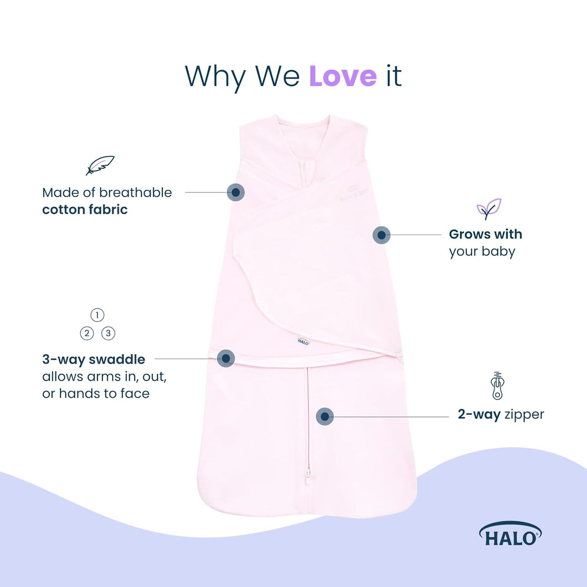 HALO 100% Cotton Sleepsack Swaddle, 3-Way Adjustable Wearable Blanket, TOG 1.5, Birds, Newborn, 0-3 Months - Colors A