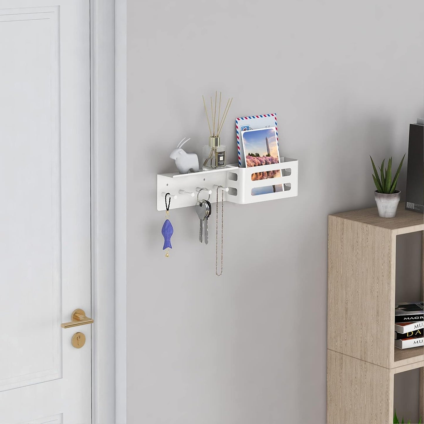 MKO Key Holder Wall Mount, Key Holder Wall Mount Adhesive with Mail Organizer Tray with 6 Key Hooks for Wall, Black | Metal Material, Key Rack with Shelf, Mail Organizer Tray for Entryway, Hallway, Living Room