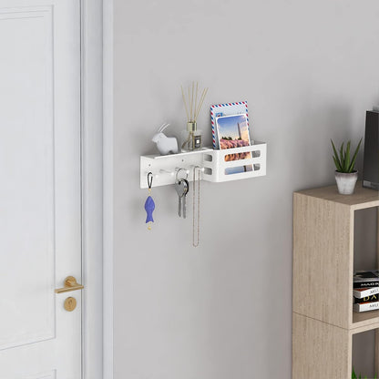 MKO Key Holder Wall Mount, Key Holder Wall Mount Adhesive with Mail Organizer Tray with 6 Key Hooks for Wall, Black | Metal Material, Key Rack with Shelf, Mail Organizer Tray for Entryway, Hallway, Living Room
