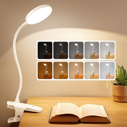 Mubarek Clip on Lamp,5 Brightness+5 Color Clip on Light,200LM 36 LED Reading Lights for Books in Bed,1800mAh Battery Powered Lamp Battery Operated Lights,Rechargeable Desk Lamp with Clamp Light
