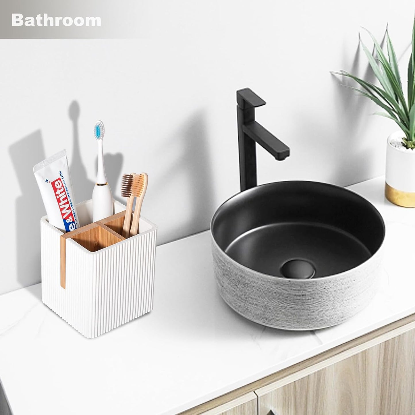 Toothbrush Holders for Bathroom, Bamboo Electric Toothbrush Stand, White | Toothbrush and Toothpaste Organizer for Sink Countertop, Bathroom Storage Stand for Brushing Accessories