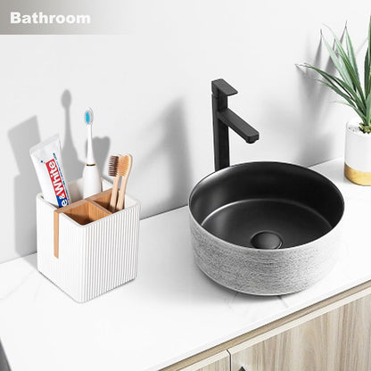 Toothbrush Holders for Bathroom, Bamboo Electric Toothbrush Stand, White | Toothbrush and Toothpaste Organizer for Sink Countertop, Bathroom Storage Stand for Brushing Accessories