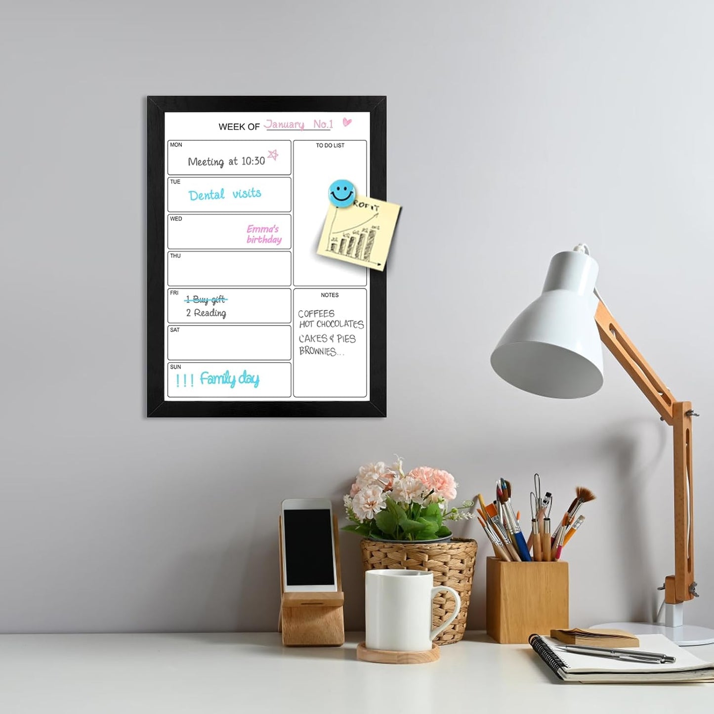 Weekly Dry Erase Whiteboard Calendar, 15.7"x11.8" Magnetic Surface Memo Board, Minimal Design Weekly Planner for Wall, Black Wood Frame Dry Erase Board for Office School Home(ZLBB-S-BK-2636)