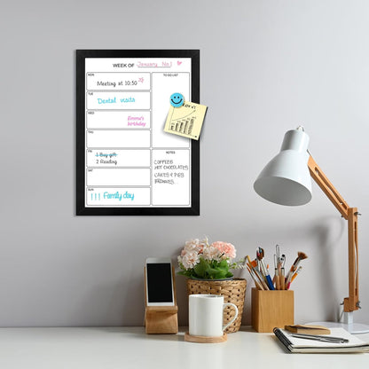 Weekly Dry Erase Whiteboard Calendar, 15.7"x11.8" Magnetic Surface Memo Board, Minimal Design Weekly Planner for Wall, Black Wood Frame Dry Erase Board for Office School Home(ZLBB-S-BK-2636)