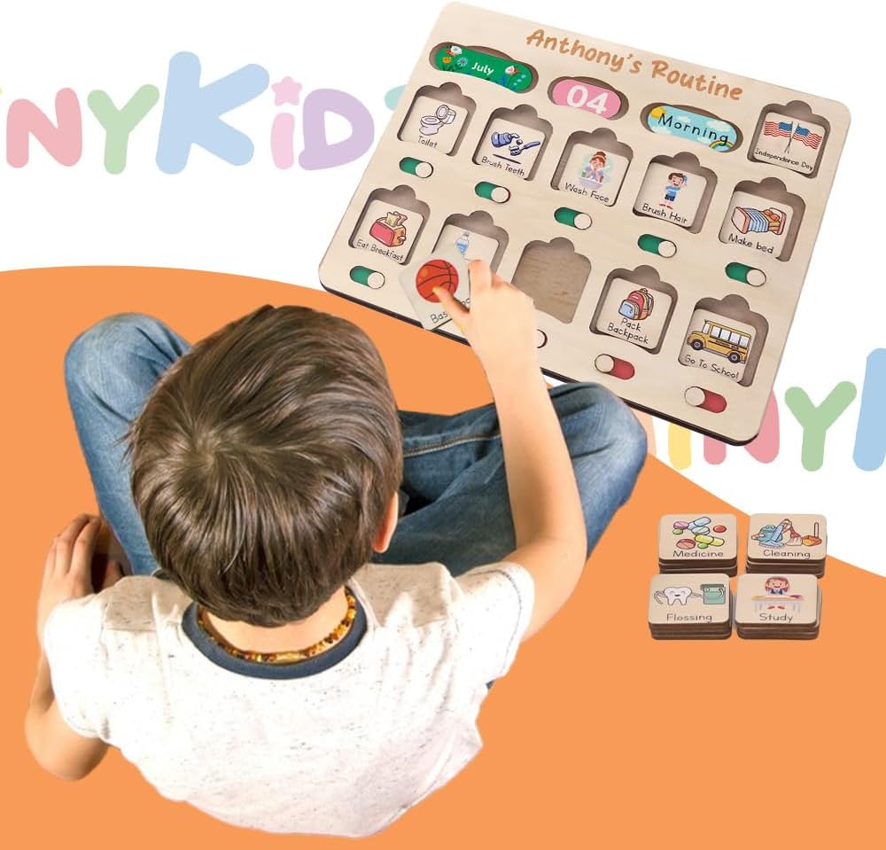Daily Routine Chart for Kids, Visual Schedule, Routine Chart for Toddlers 3-5, Morning Bedtime Routine Chart for Toddlers, Wooden Chore Chart for Kids