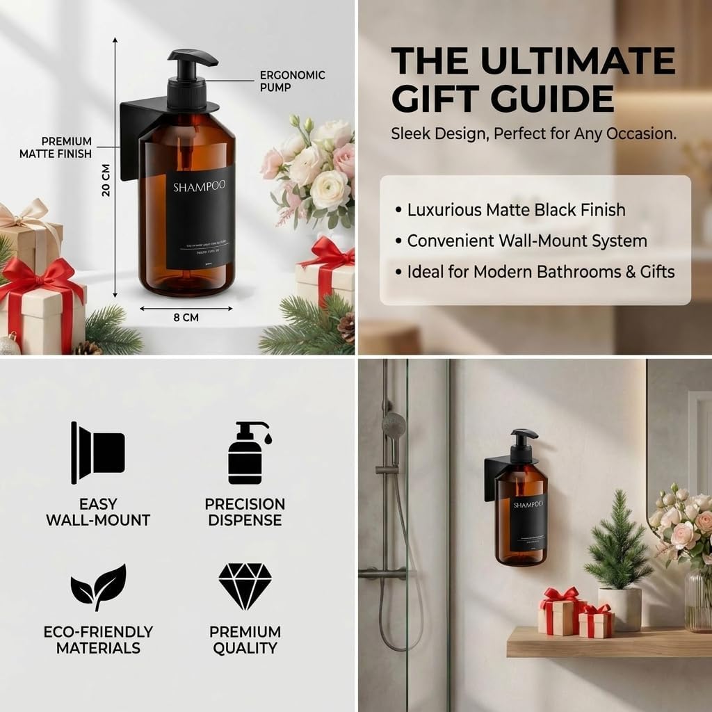 Shampoo and Conditioner Dispenser Set of 3 for Wall Mount | 16.9 fl oz Drill Free Shower Soap Bottles,Refillable Body Wash Dispensers for Bathroom Decor (Amber Bottles + Bamboo Pumps)