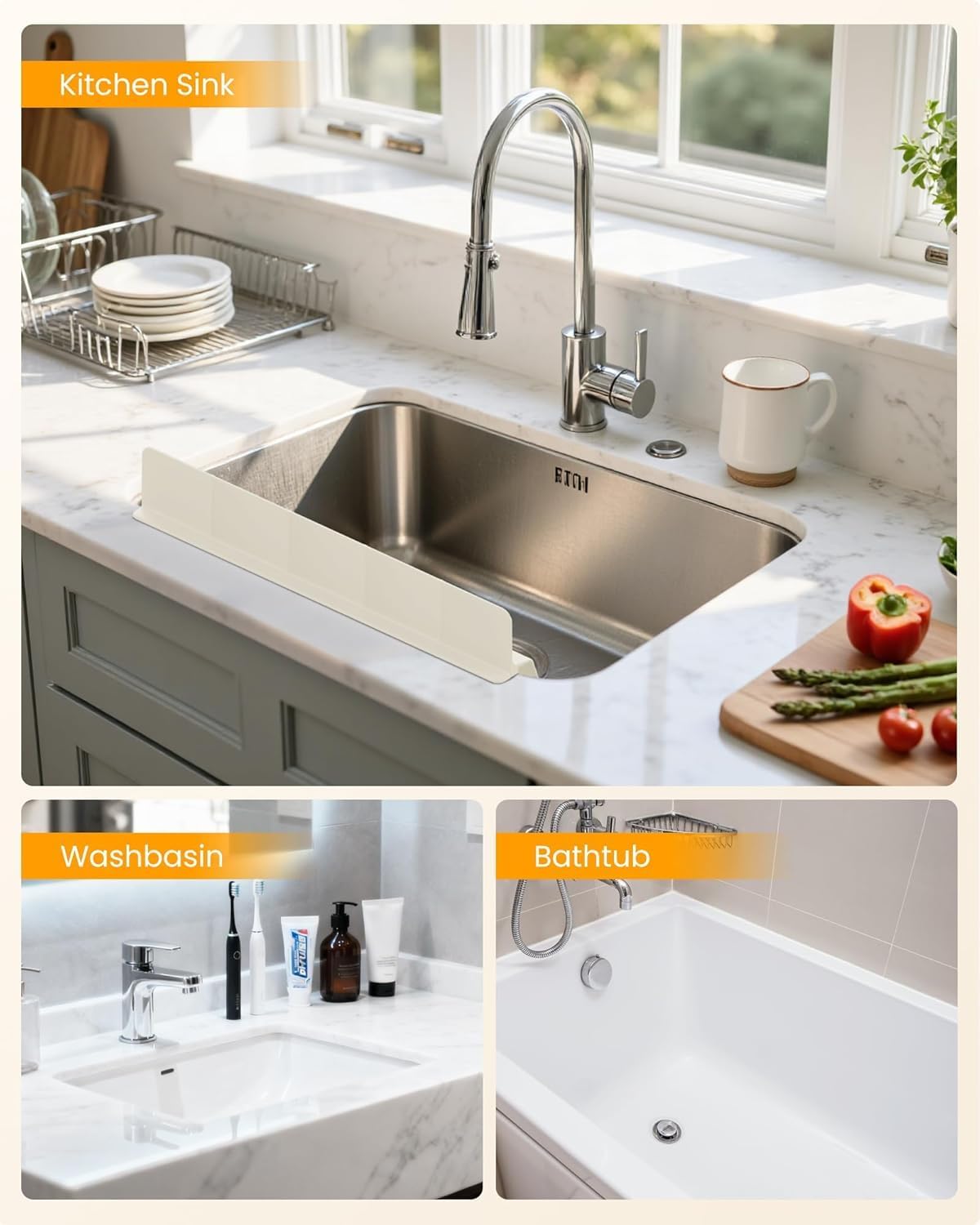 Sink Splash Guard 18" 23" 30" Silicone Water Guard with Strong Suction Cups, Faucet & Countertop Protector, Bathroom & Sink Edge Splash Guard Strip, Dishwasher Safe-Grey 18"