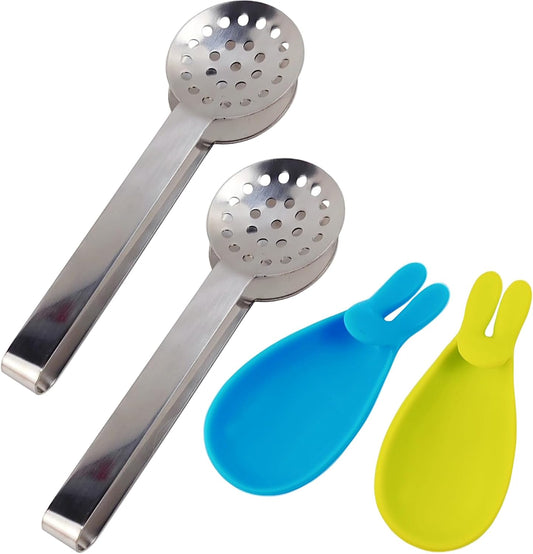 GXXMEI 2PCS Stainless Steel Tea Bag Tongs with 2PCS Bunny Silicone Tea Bag Holders, Round Tea Bag Squeezer - 6inch Tea Bag Strainer Clips Herb or Sugar Ice Cube for Kitchen Bar Tools