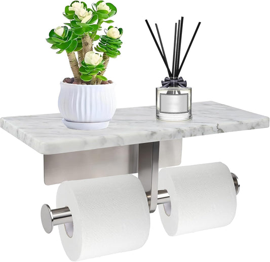 Toilet Paper Holder with Natural Marble Shelf for Bathroom Washroom,Wall Mounted Tissue Holder Suitable for Mega Roll (Brushed Nickel,Small 6.7 * 4.3 in)