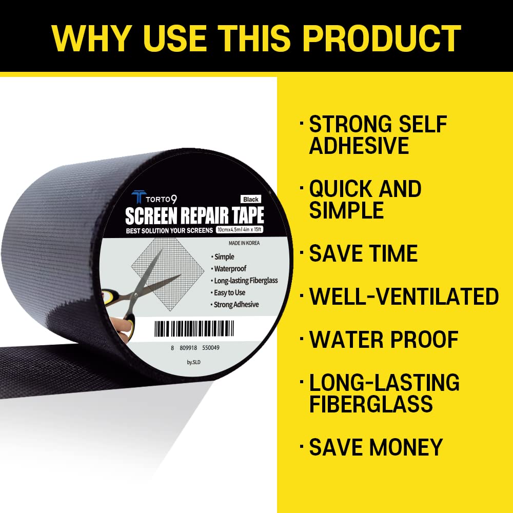 TORTO9 Window Screen Repair Kit, 3-Layer Strong Adhesive & Waterproof Tape Fiberglass Covering mesh (Gray, 2 Inch x 6.5 FT)