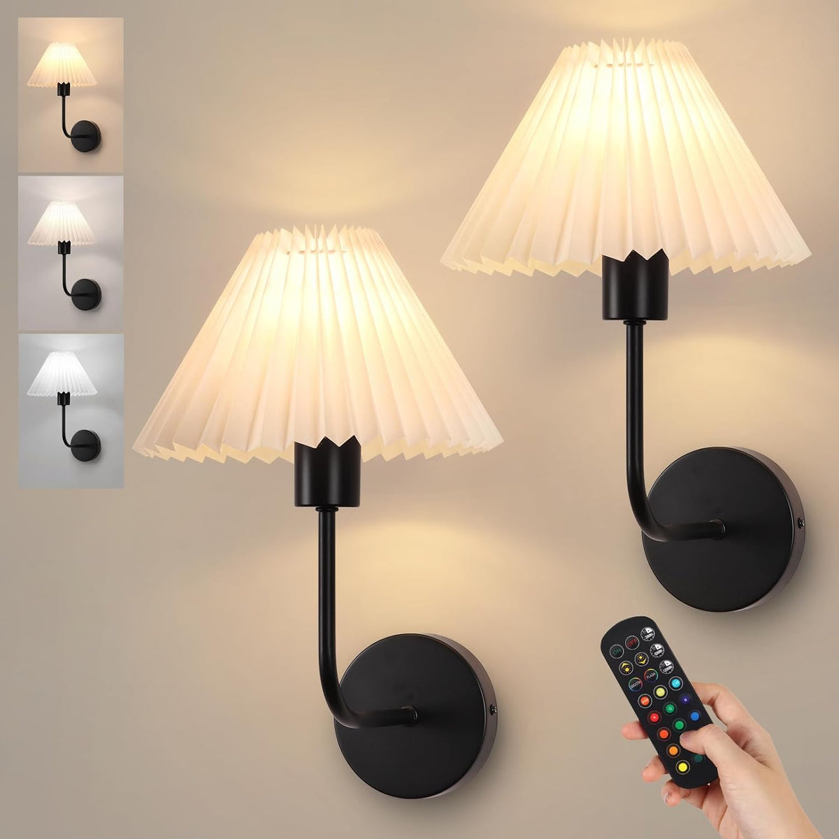 Rechargeable Battery Operated Wall Sconce Sets of 2, 15 Colors Wireless gooseneck Black Wall Lights Fixture with Dimmable Bulbs and Remote, Not Hardwired Wall Mounted Lamps for Bedroom Living Room