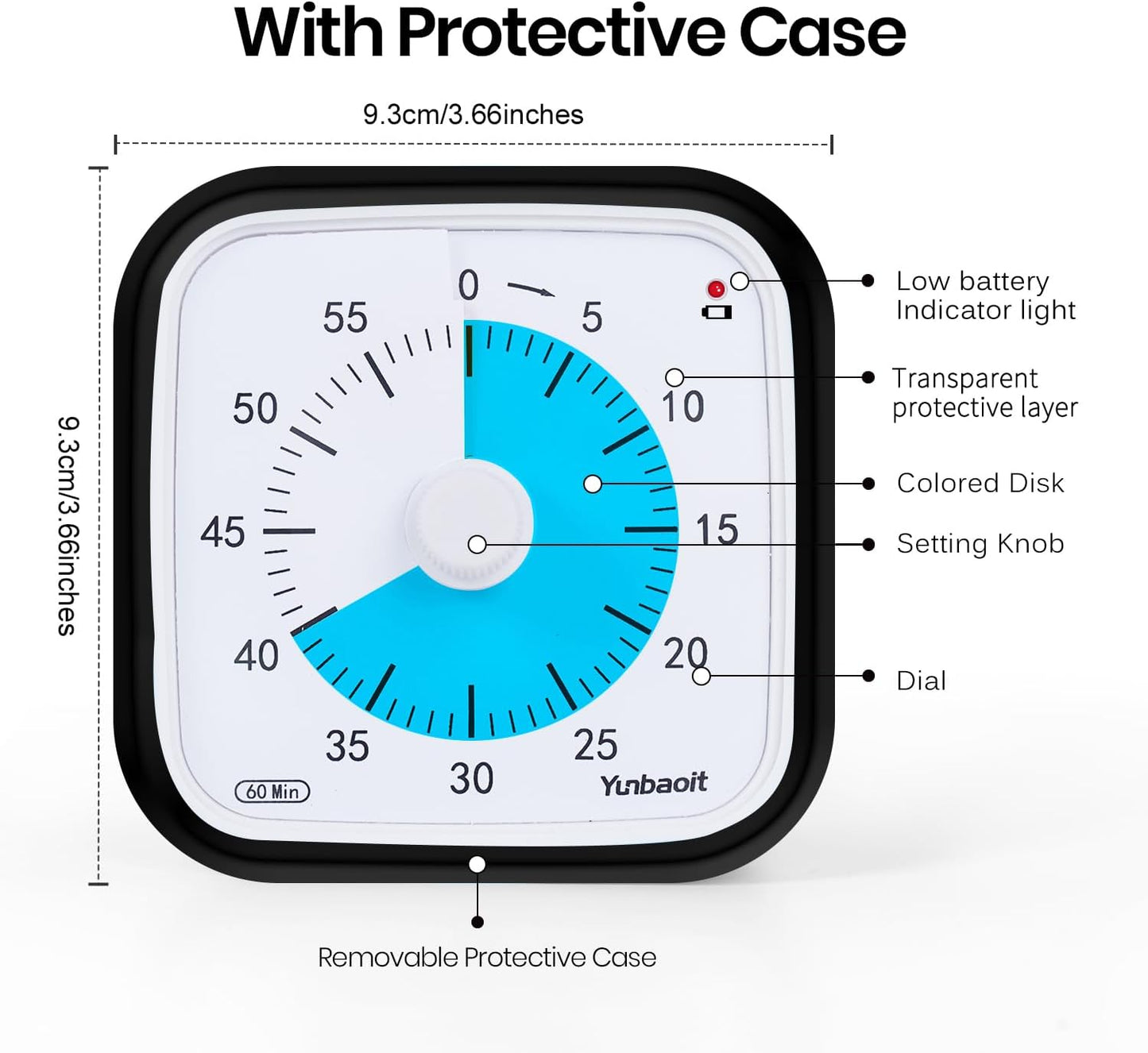 Yunbaoit Rainbow Visual Timer for Kids, 60-min Countdown Timer, Blue | Protective Case, No Ticking, Mute and Ringing Alarm Available, Time Management Tool, Low Power Reminder, for Study,Game,Work