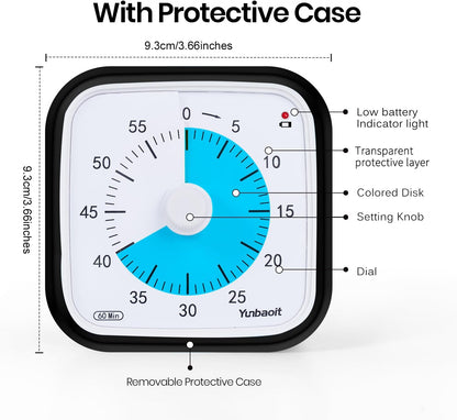 Yunbaoit Rainbow Visual Timer for Kids, 60-min Countdown Timer, Blue | Protective Case, No Ticking, Mute and Ringing Alarm Available, Time Management Tool, Low Power Reminder, for Study,Game,Work