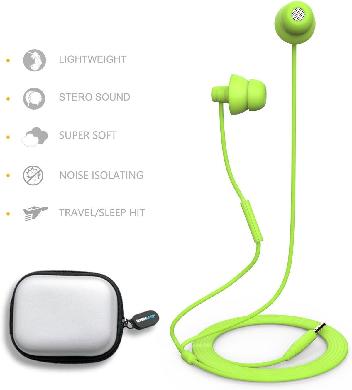 MAXROCK Wired Sleep Earphones Soft Sleep Earbuds Total Silicon Sleeping Headphones with in-line Mic for Cellphones, Mp3, Tablet pocasts 3.5mm, Green