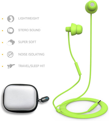 MAXROCK Wired Sleep Earphones Soft Sleep Earbuds Total Silicon Sleeping Headphones with in-line Mic for Cellphones, Mp3, Tablet pocasts 3.5mm, Green