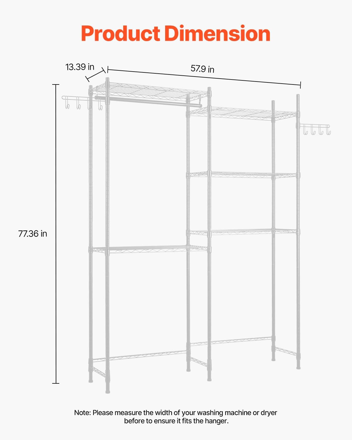VEVOR Over the Washer and Dryer Storage Shelf, 5 Tier Laundry Room Drying Rack with Hanger Rod and Hooks, Adjustable Over Washer and Dryer Shelves, Laundry Room Shelf Storage Space Saver, White