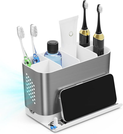 Bathroom Organizers and Storage 6 Slots Wood Grain Electric Toothbrush Holders with Phone Holder and Adjustable Dividers, Cord-Friendly Toothbrush Organizer with Drainage for Family, Kids