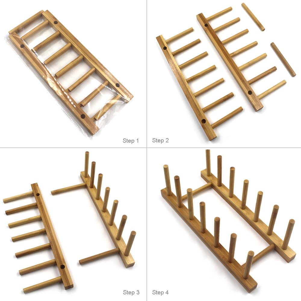 INNERNEED Bamboo Wooden Dish Rack, Vertical Plate & Lid Organizer | for Kitchen Cabinet or Countertop, Drying Stand for Dishes, Cutting Boards