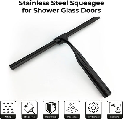 Matte Black Shower Squeegee for Glass Doors with Adhesive Hooks, Squeegee for Shower Glass, Cleaner Tool for Bathroom Household Window Mirror Tile Wall Car, 10 Inch Black