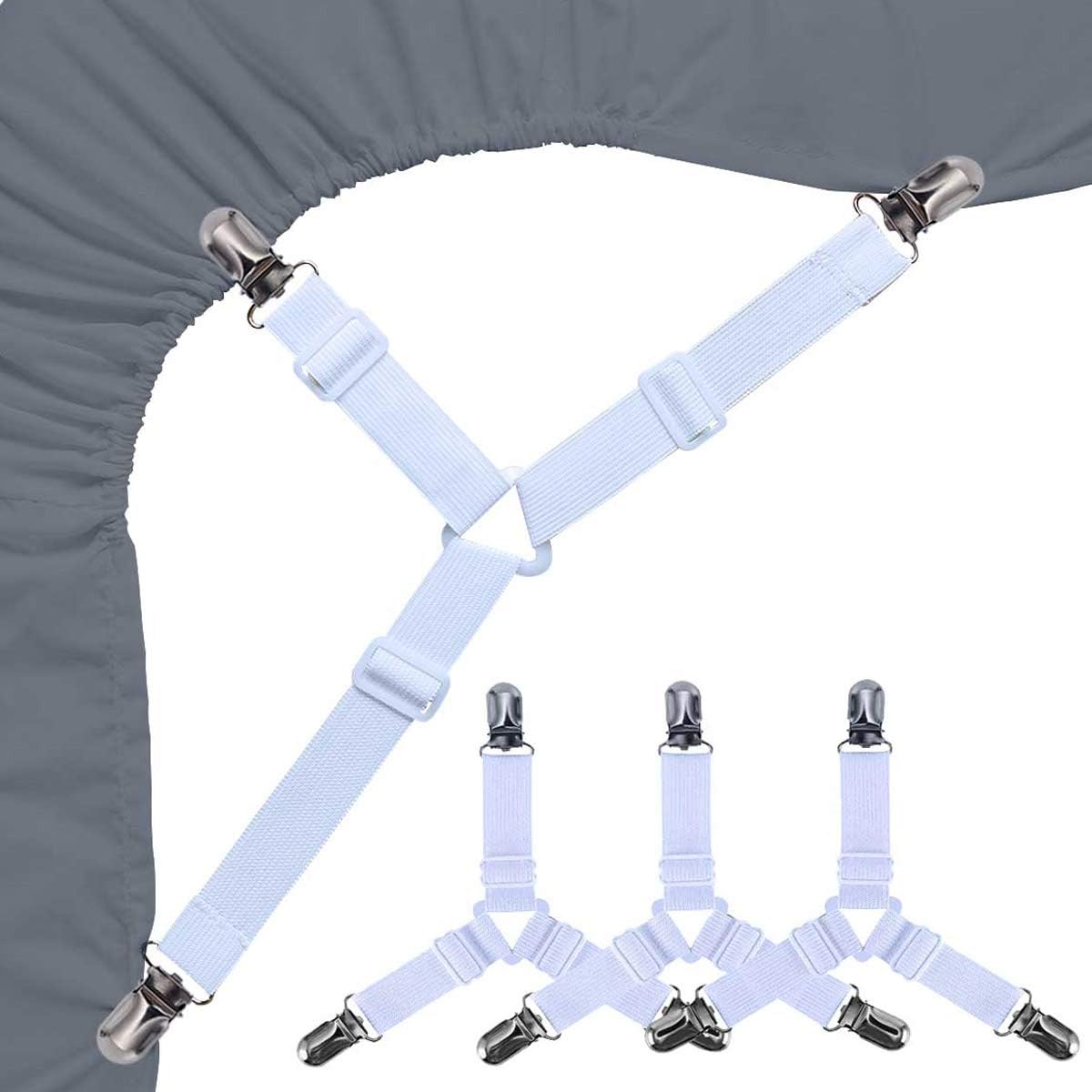 Bed Sheet Holders Straps Fasteners - 4 Pcs 3 Ways Sheet Fasteners Fitted Sheet Corner Grippers Holder Elastic Adjustable Sheet Clip Hooks Suspenders Straps(Black Triangle)