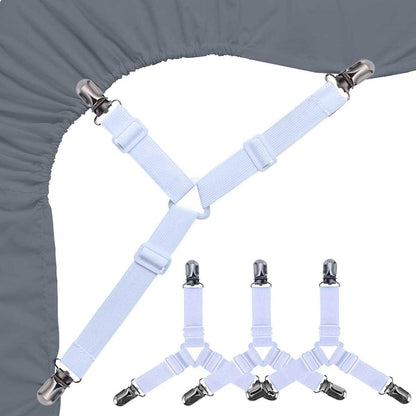 Bed Sheet Holders Straps Fasteners - 4 Pcs 3 Ways Sheet Fasteners Fitted Sheet Corner Grippers Holder Elastic Adjustable Sheet Clip Hooks Suspenders Straps(Black Triangle)