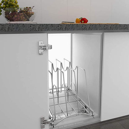 Pull Out Cookie Sheet Organizer, 10" W x 22" D x 11" H, Chrome | For Cabinet, Pan and Pot, Cutting Board, Bakeware, Tray Organizer Rack, Sliding Rack- Heavy Duty, Adjustable Divider Width