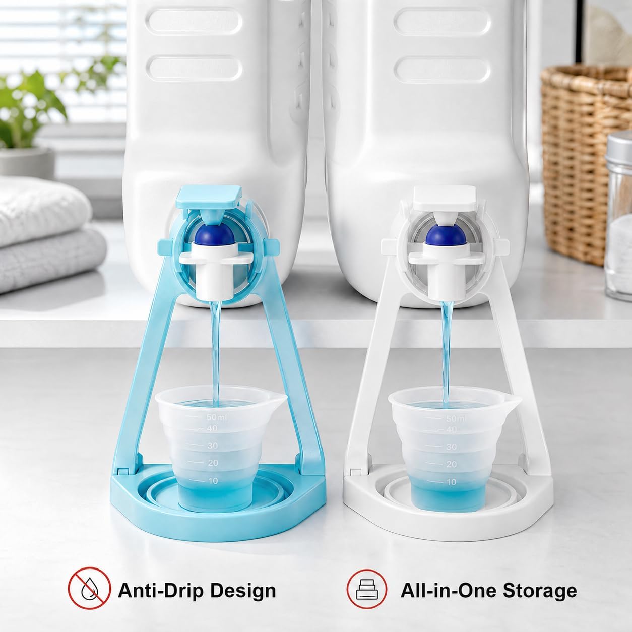 2 Pack Laundry Detergent Dispenser with Laundry Cup Holder and Drip Tray, Detergent Drip Catcher Fits Most Economic Sized Bottles