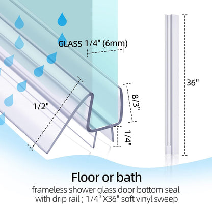 POZIA Shower Door Bottom Seal Frameless Glass Shower Door Seal Strip Clear Vinyl Durable Stop Shower Leaks and Create a Water Barrier Ultra Clear (1PACK-1/2in)