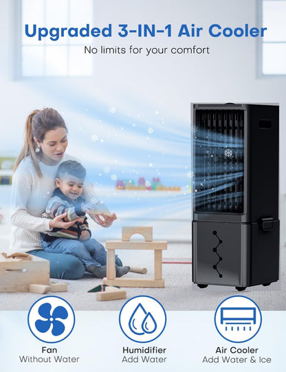 Portable Air Conditioners 4 Modes&3 Speeds,4 Ice Packs, Waterless Alert System, 12H Timer, Remote,1 Gal Detachable Water Tank, 70°Oscillation Windowless Evaporative Air Cooler for Room Office