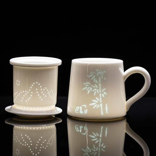 Ceramic Tea Mug with Infuser & Lid - 15oz Loose Leaf Tea Cup with Infuser,Hand-Painted Plum Blossom - Resilience & Elegance,Insulated Ceramic Coffee Mugs with Lid, Gift Set for Women/Men