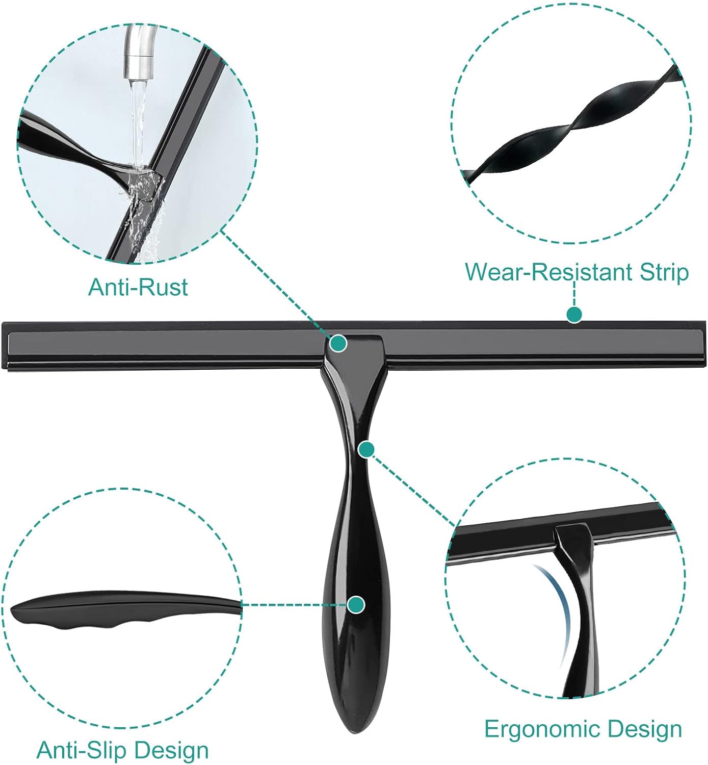Shower Squeegee for Glass Doors,10-Inch Shower Glass Squeegee, Matte Black Shower Squeegee for Shower Doors,Mirror,Windows, with Shower Door Hook and Adhesive Hook