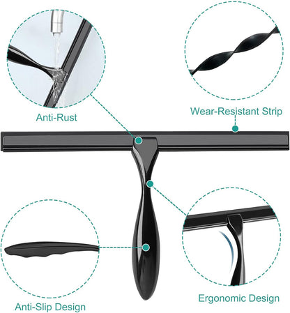 Shower Squeegee for Glass Doors,10-Inch Shower Glass Squeegee, Matte Black Shower Squeegee for Shower Doors,Mirror,Windows, with Shower Door Hook and Adhesive Hook